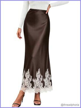 Satin Maxi Skirt Lace Trim High Waisted Silky Long Formal